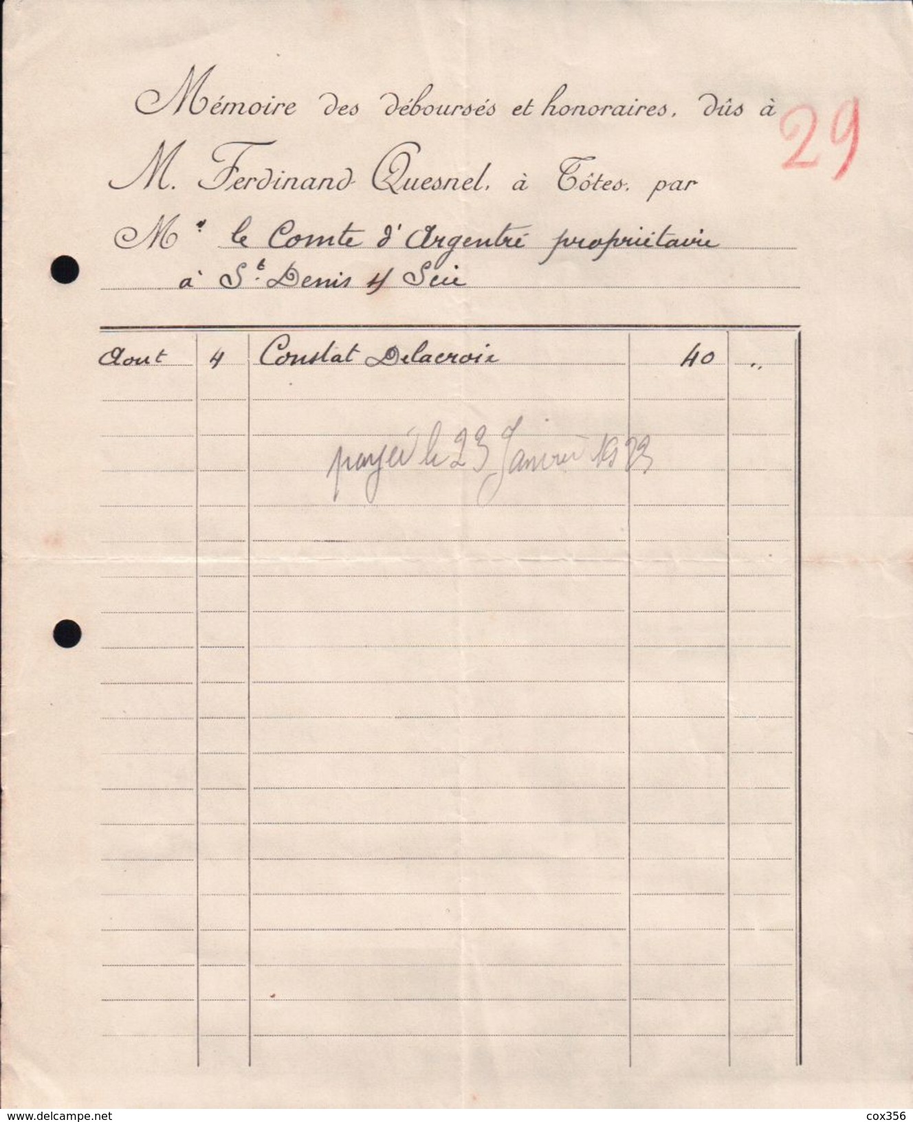 LETTRE De M.FERDINAND QUESNEL à TOTES Par M LE COMTE D'ARGENTRE De SAINT DENIS SUR SCIE 1923 - Manuscripts