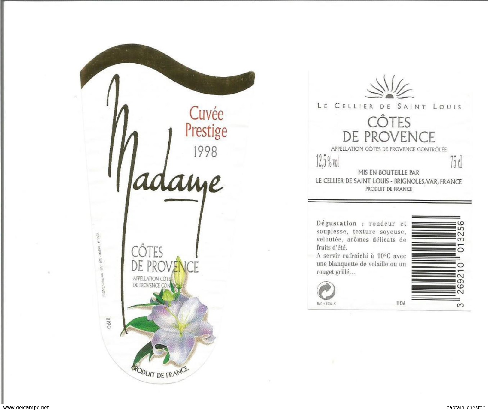 Etiquette De VIN Des COTES DE PROVENCE " Cuvée Prestige Madame 1998 " - Etichette Di Forma Insolita