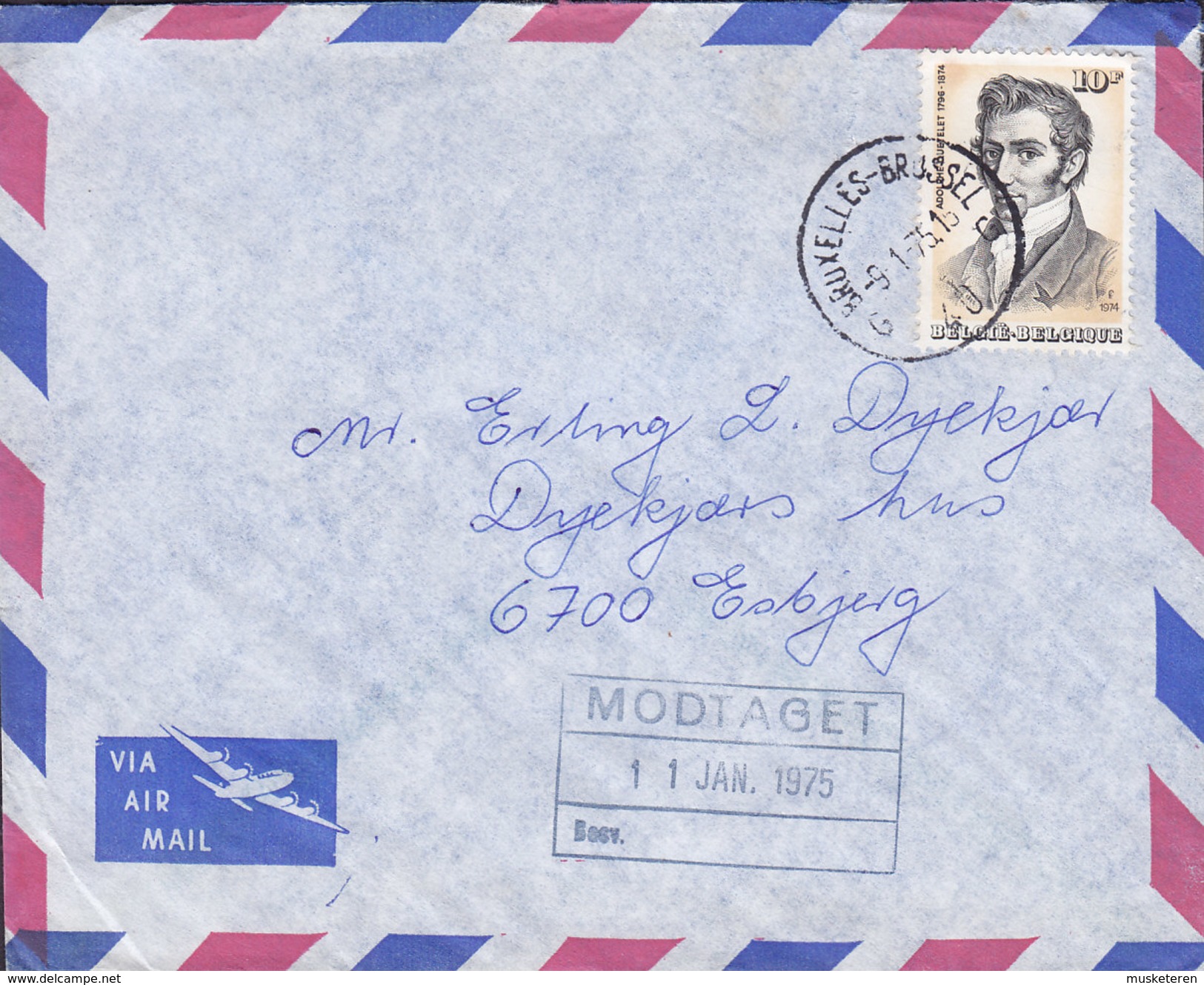 Belgium Via Air Mail (Aeroplane Cachet) BRUXELES-BRUSSEL 1975 Cover Lettre ESBJERG Denmark Adolphe Ouetelet Timbre - Briefe U. Dokumente