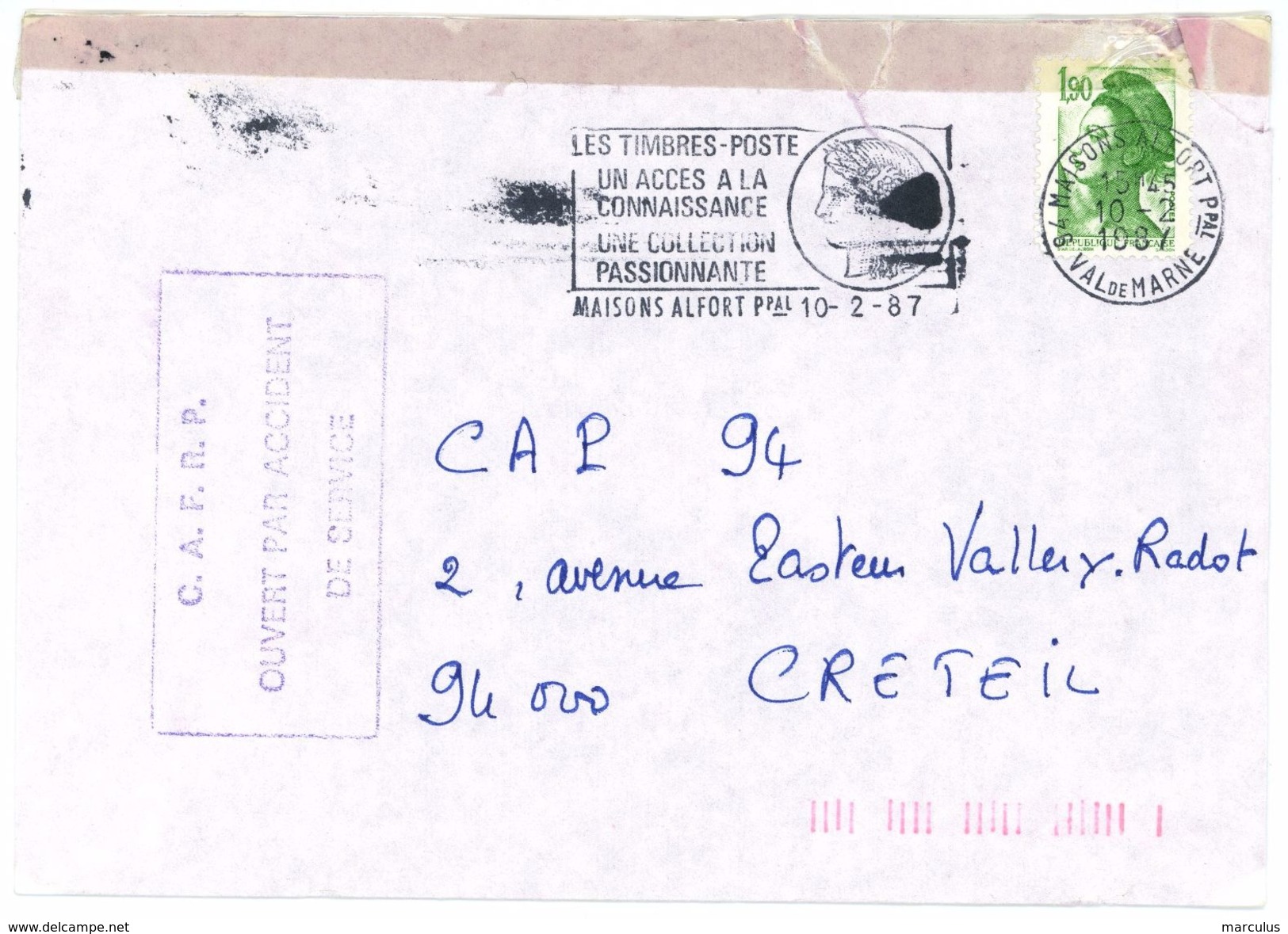 1987 Lettre Avec C.A.F.R.P.  OUVERT PAR ACCIDENT DE SERVICE - Cartas Accidentadas