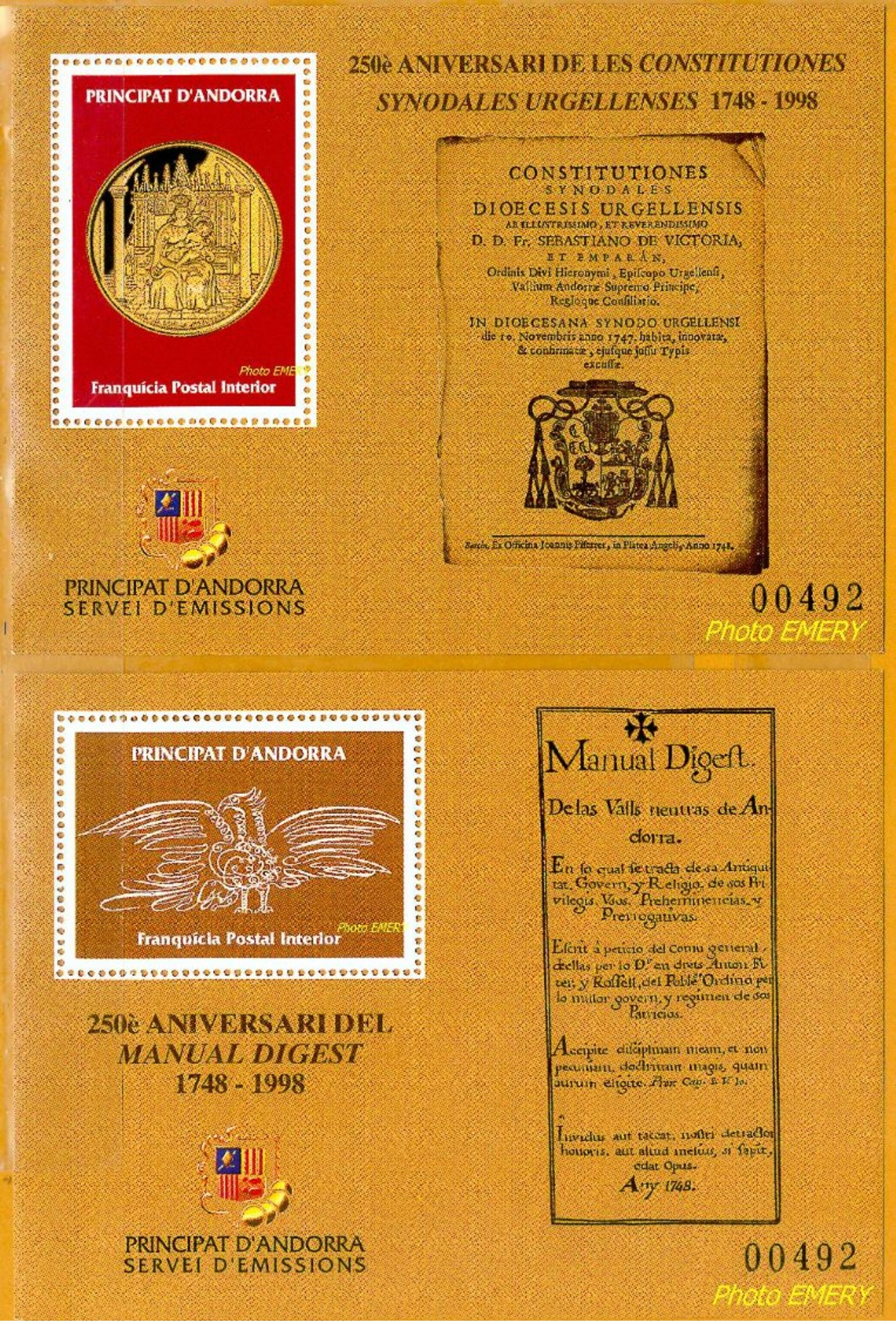 Andorra Viguerie Andorre**LUXE 1998 Bloc Feuillet 57 Et 58 La Paire, Constitution - Episcopal Viguerie