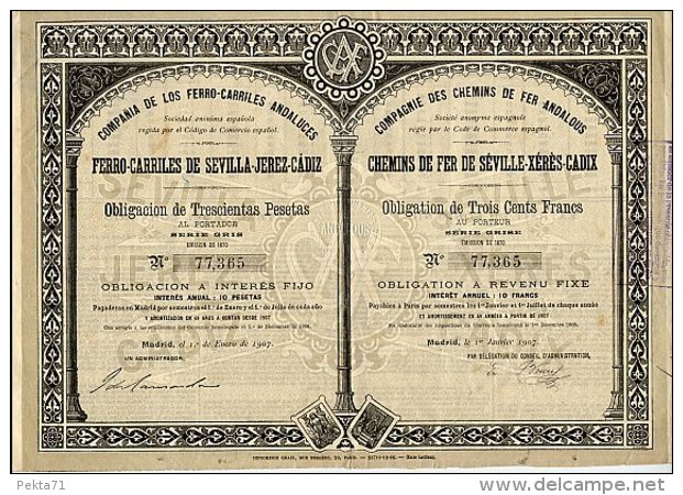 COMPAGNIE DES CHEMINS DE FER ANDALOUS / CHEMINS DE FER DE SEVILLE - XERES - CADIX 1907 - Chemin De Fer & Tramway