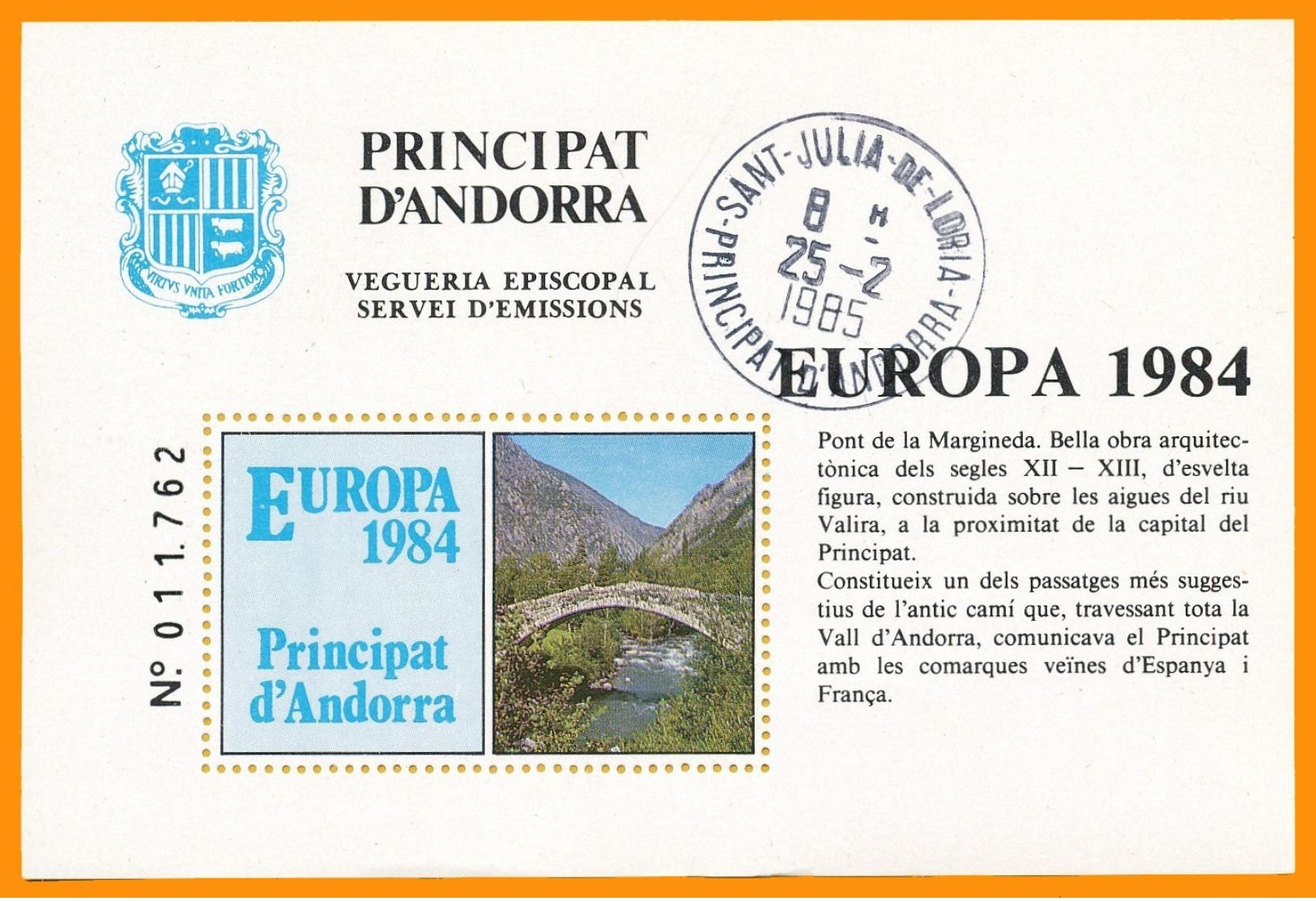 Andorra Viguerie Andorre 1984 Bloc Feuillet 9 Europa, Oblitéré Le 25-02-1985 Saint-Julia-de-Loria (agence Postale França - Vicariato Episcopale