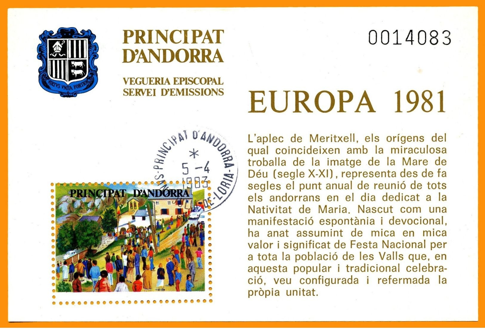 Andorra Viguerie Andorre 1981 Bloc Feuillet 5 Europa, Oblitéré Le 05-04-1983 Saint-Julia-de-Loria (agence Postale França - Viguerie Episcopale