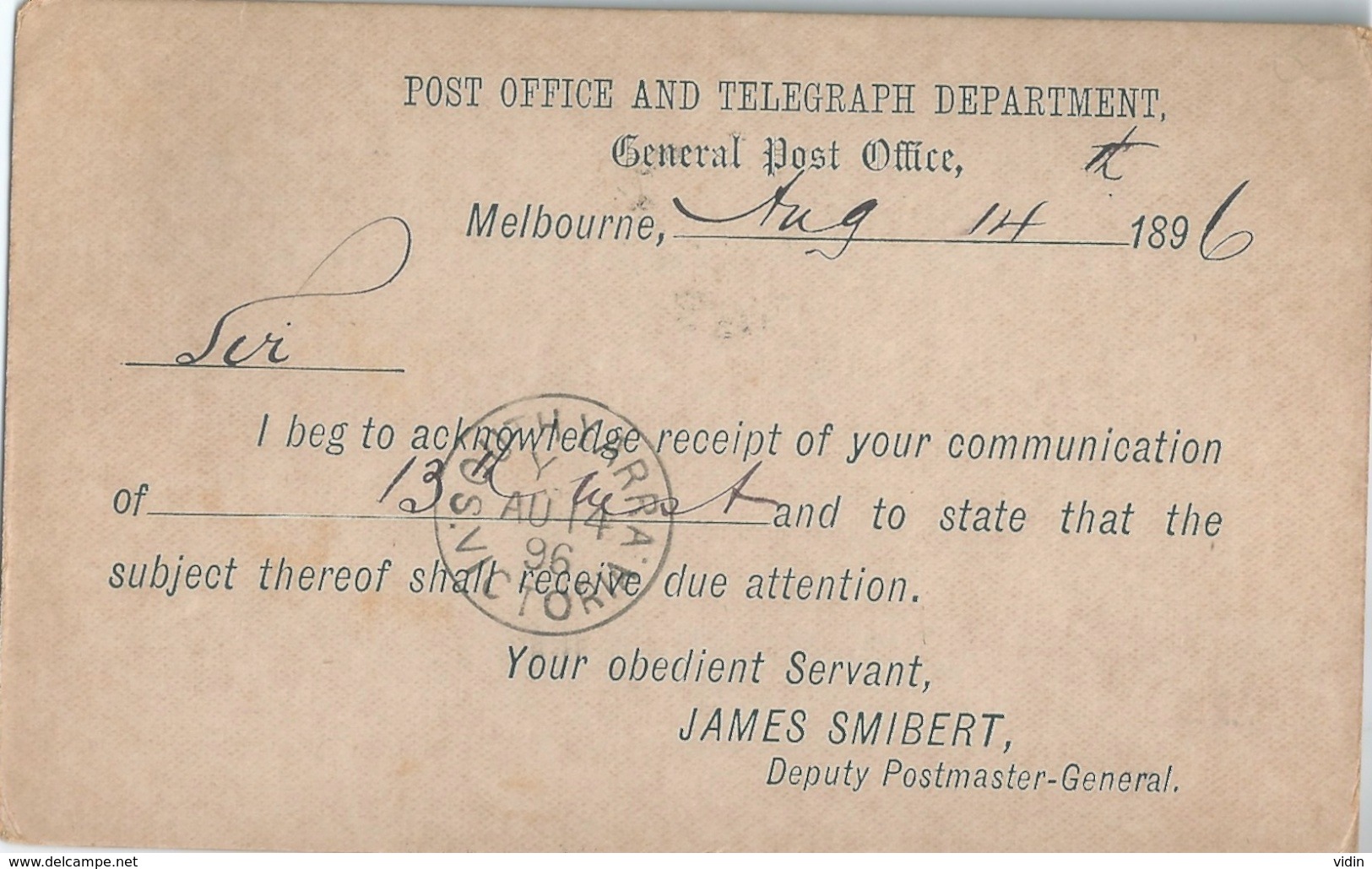 AUSTRALIE Carte Post Office Dept 1896 - Postal Stationery