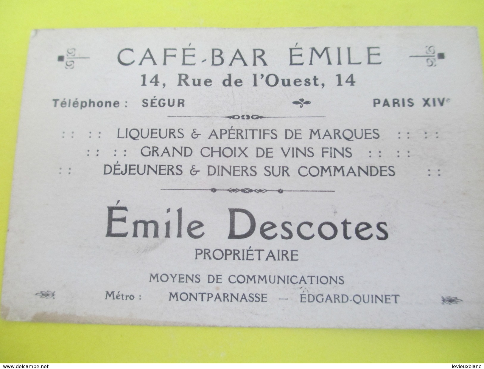 Carte Commerciale /Café Bar Emile / Emile DESCOTES/Rue De L'Ouest/Paris XIV/ Vers 1920-30  CAC99 - Altri & Non Classificati