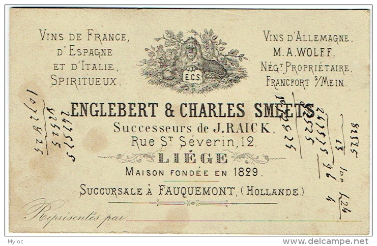 Carte Visite. Liège. Vins De France/Italie/Allemagne. Englebert Et Smeets. Succursale à Fauquemont. - Cartes De Visite