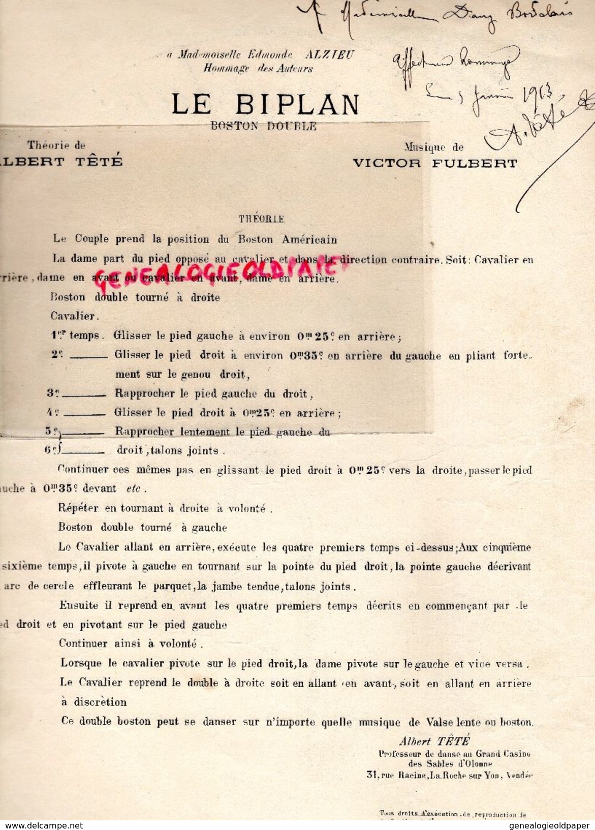 PARTITION MUSIQUE AVIATION-LE BIPLAN- AVION- BOSTON-VICTOR FULBERT-ALBERT TETE SABLES OLONNE-ROCHE YON-EDMONDE ALZIEU- - Noten & Partituren