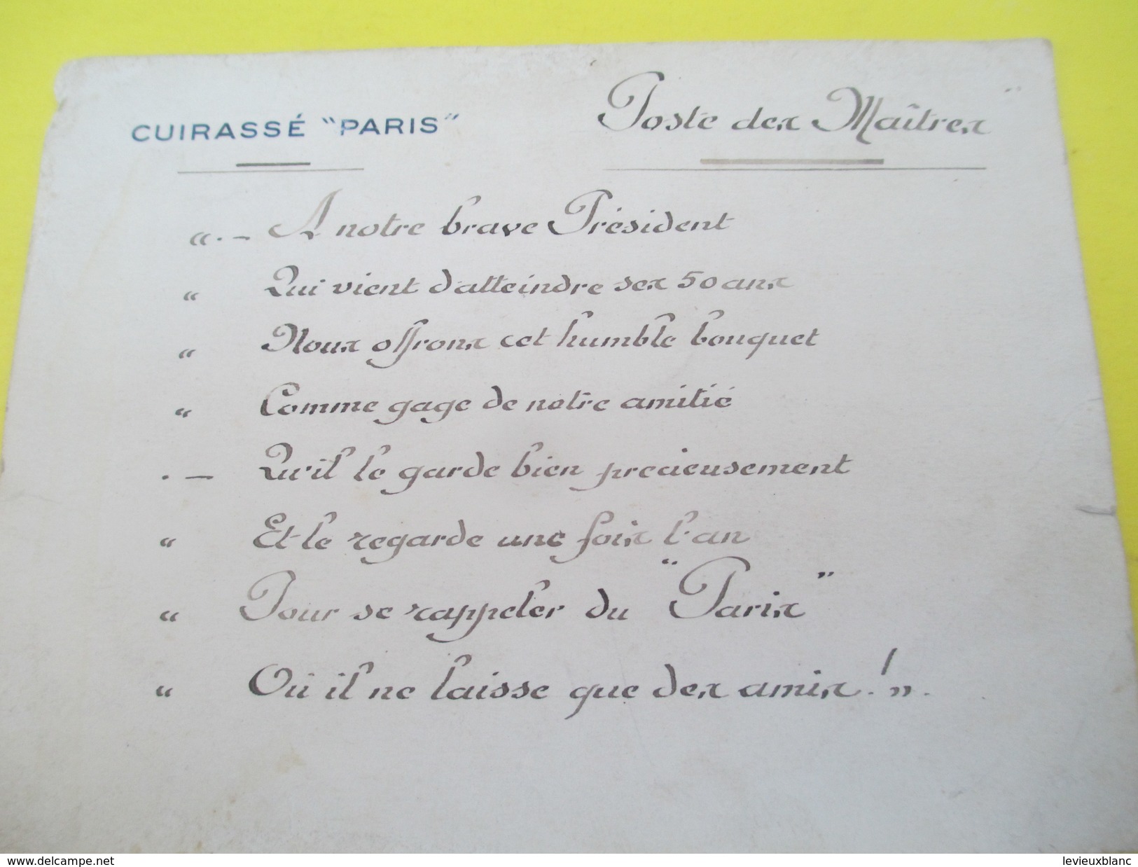 Carte à En Tête Du Cuirassé PARIS/ Poste Des Maîtres/ Poéme " à Notre Brave Président"/ Vers 1912-1930    CAC103 - Autres & Non Classés