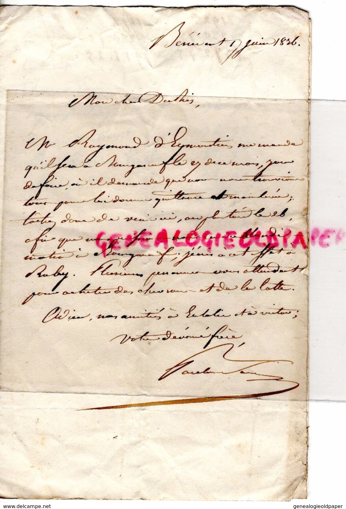 23- RARE CACHET POSTE DE BENEVENT 22-1836- THOMAS DURIS PROPRIETAIRE DUN LE PALLETEAU-EYMOUTIERS-RAYMOND BOURGANEUF - 1801-1848: Précurseurs XIX