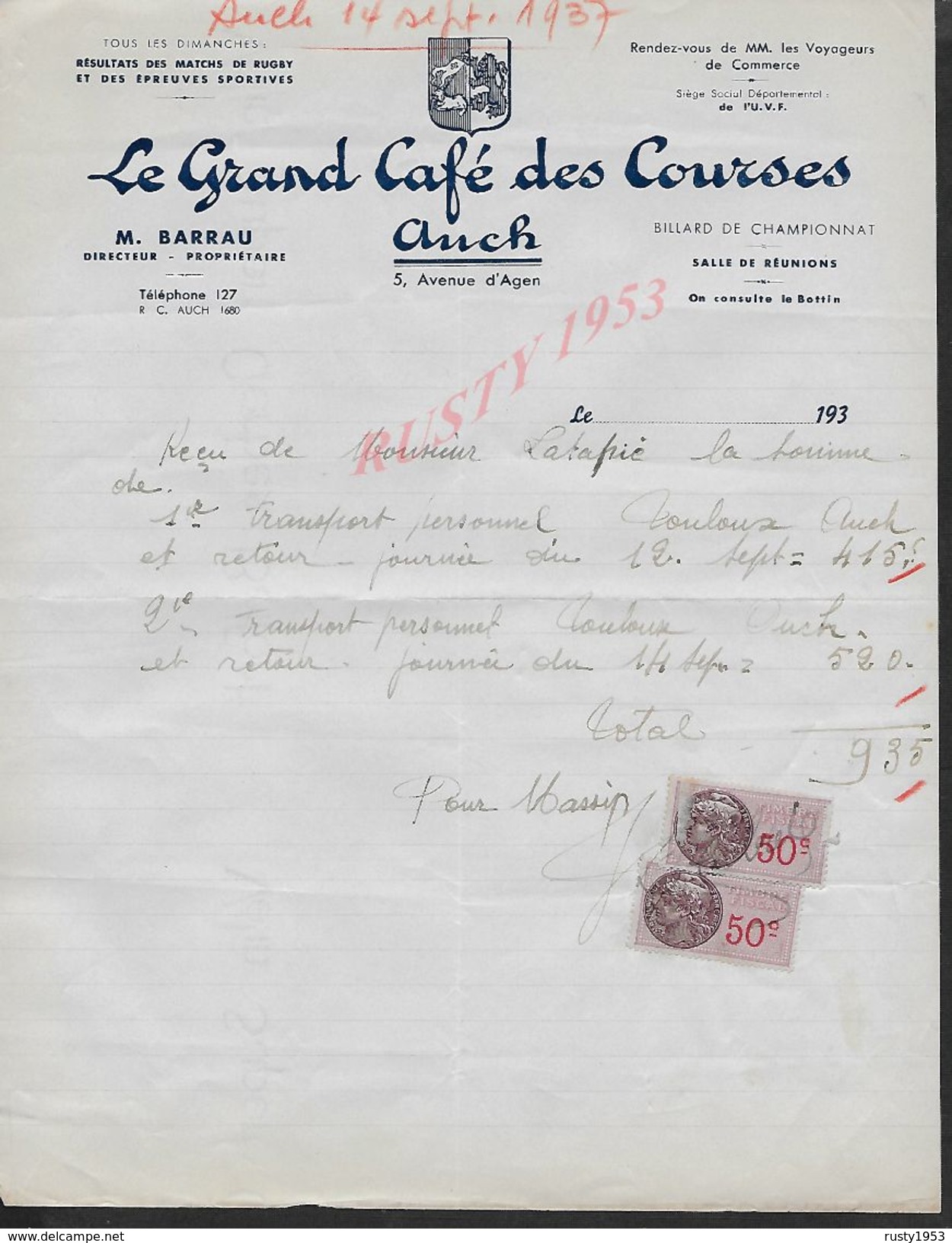 EQUITATION FACTURE DE 1937 LE GRAND CAFE DES COURSES D AUCH : - Equitation