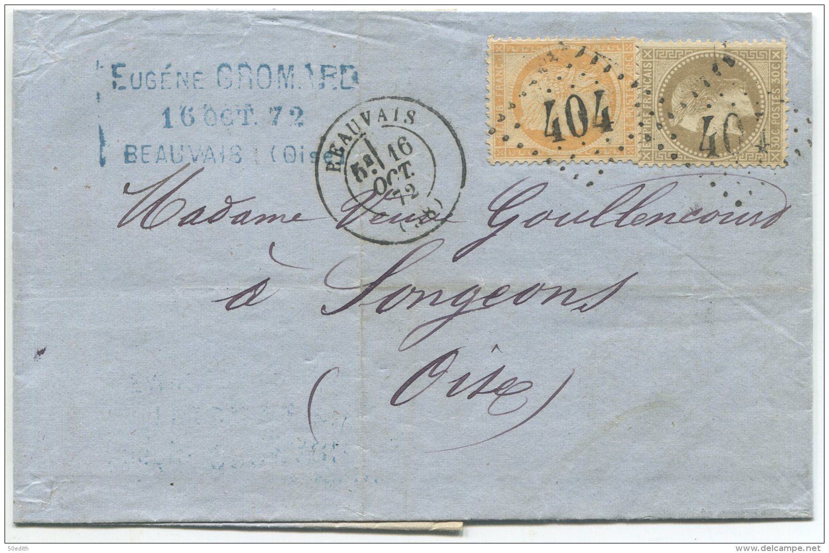 N°30  (gris Brun) + N°38 + GC 404  /  Lettre 3° échelon De Beauvais Pour Songeons (oise) - 1863-1870 Napoléon III Con Laureles