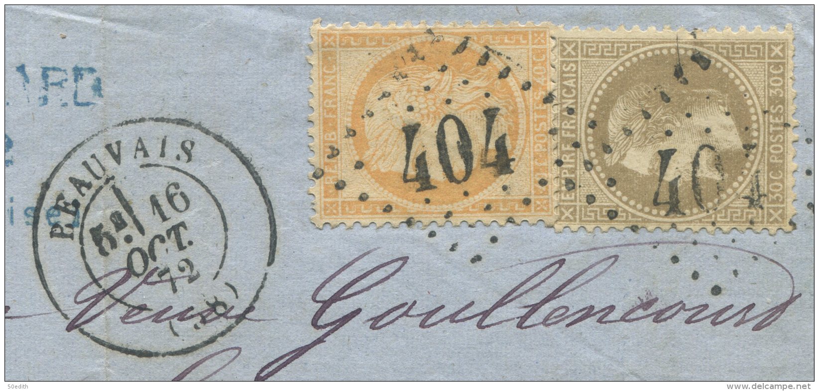 N°30  (gris Brun) + N°38 + GC 404  /  Lettre 3° échelon De Beauvais Pour Songeons (oise) - 1863-1870 Napoleon III With Laurels