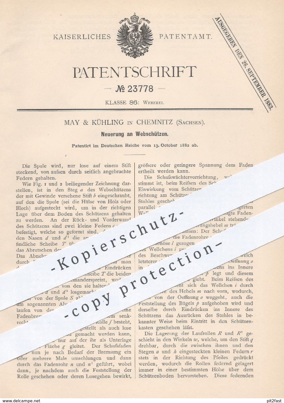 Original Patent - May & Kühling , Chemnitz , 1882 , Webschütze | Webstuhl , Weben , Weber , Weberei , Gewebe , Stoff !! - Historische Dokumente