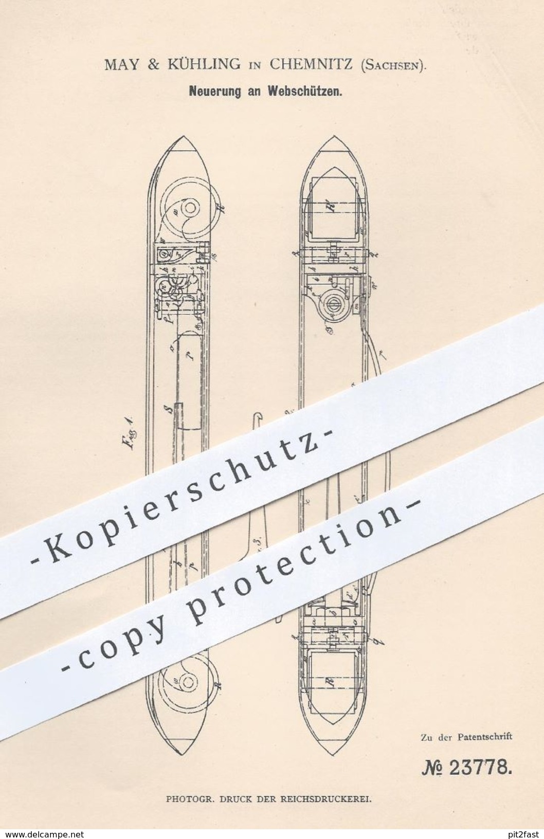 Original Patent - May & Kühling , Chemnitz , 1882 , Webschütze | Webstuhl , Weben , Weber , Weberei , Gewebe , Stoff !! - Historische Dokumente