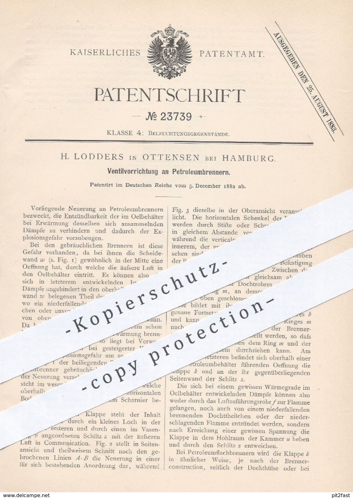 Original Patent - H. Lodders , Hamburg / Ottensen  1882 , Ventilvorrichtung Am Petroleum - Brenner | Gas , Licht , Lampe - Historische Dokumente