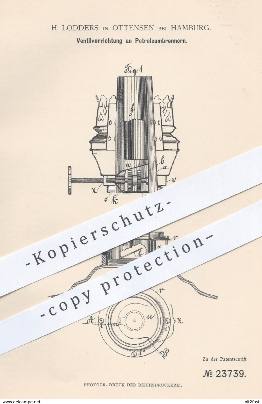 Original Patent - H. Lodders , Hamburg / Ottensen  1882 , Ventilvorrichtung Am Petroleum - Brenner | Gas , Licht , Lampe - Historische Dokumente