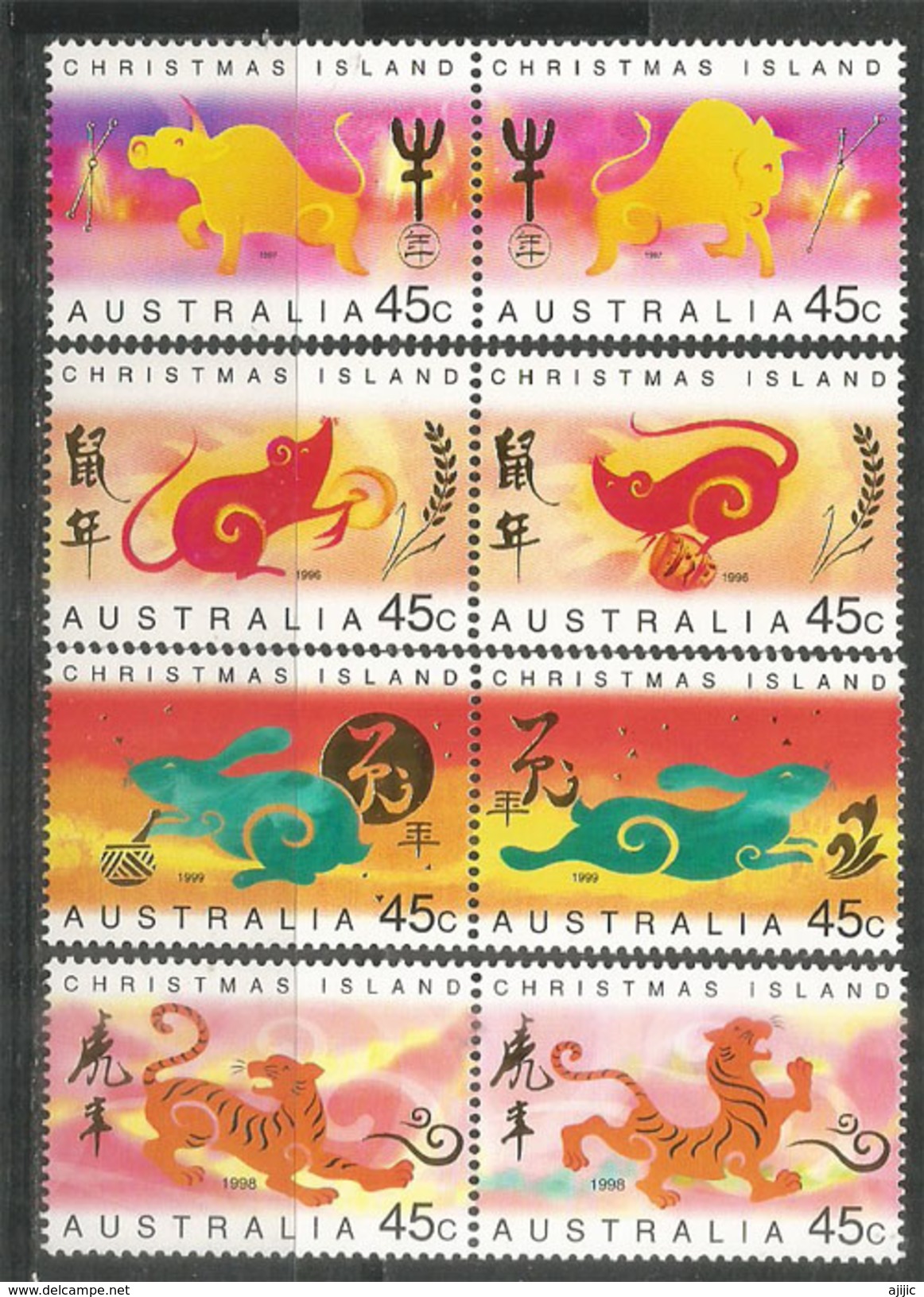 CHRISTMAS ISLAND. Chinese New-Year (CNY) Tiger,rabbit,rat,buffalo. 8 Stamps Mint ** Pair Se-tenant - Chinese New Year