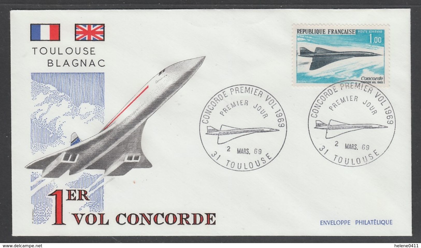 ENVELOPPE 1ER JOUR DE FRANCE - PROJET CONCORDE : VOL INAUGURAL LE 2 MARS 1969 - Concorde