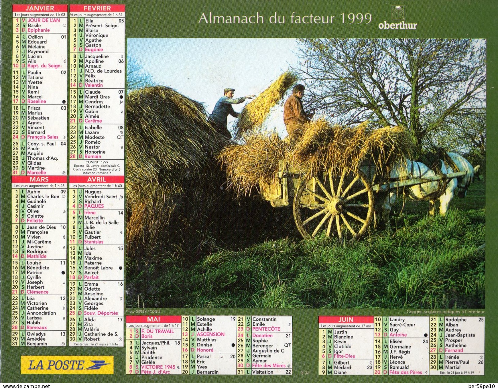 ALMANACH DU FACTEUR 1999 CHARENTE - Grand Format : 1991-00