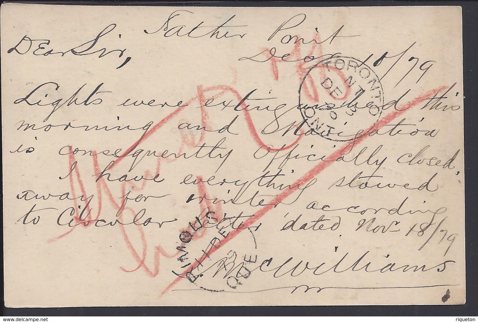 CANADA - Entier Postal One Cent Du 11 Décembre 1879, De Father Point Pour Toronto - B/TB - - 1860-1899 Règne De Victoria