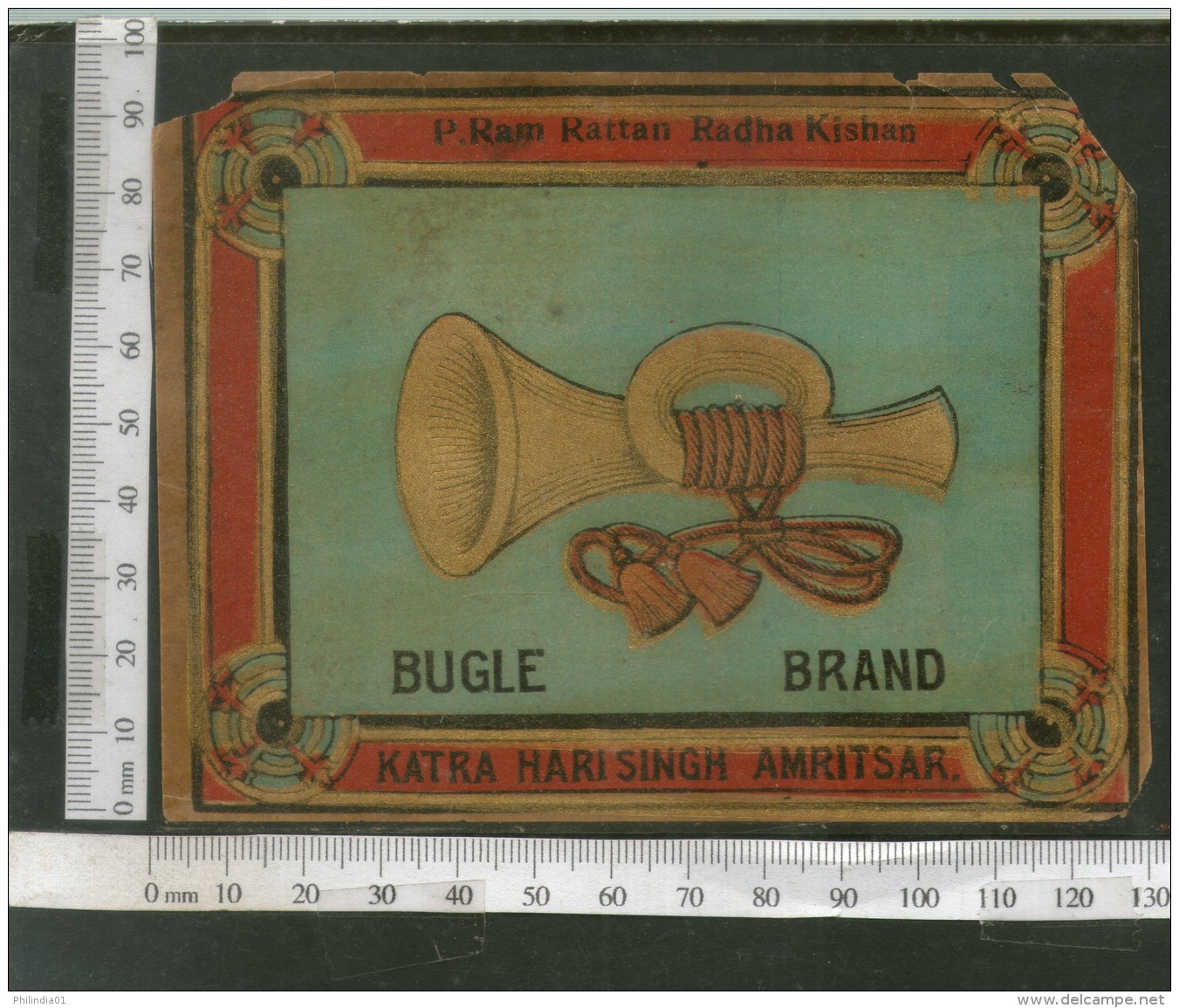 India 1960's Bugle Musical Inst Brand Dyeing &amp; Chemical Germany Print Label # L33 - Other & Unclassified