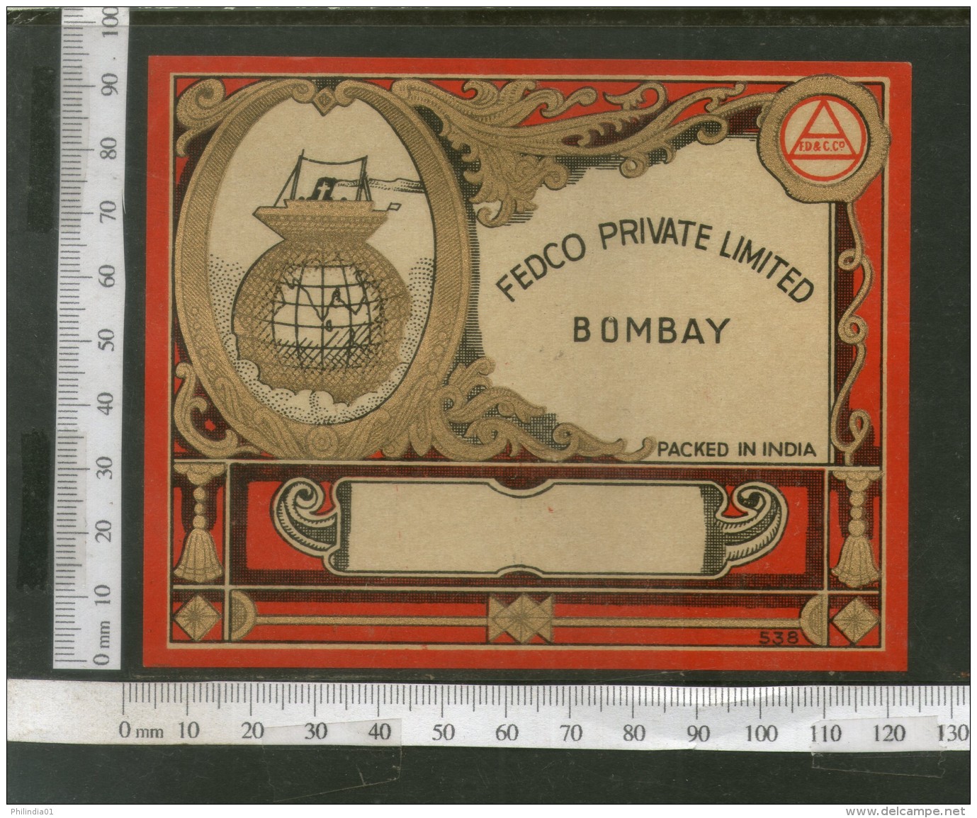 India 1960's Fedco Globe Ship Brand Dyeing &amp; Chemical Germany Print Label # L43 - Andere & Zonder Classificatie