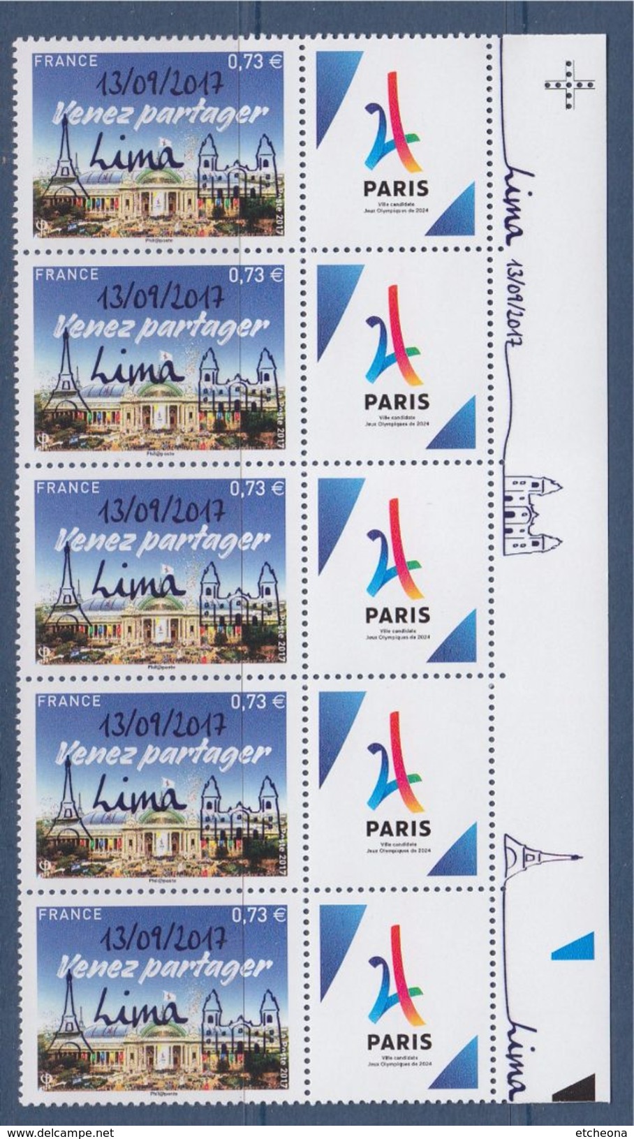 Paris Jeux Olympiques 2024 Venez Partager Surchargé 13/09/2017 LIMA 0.73&euro; X5 Vignette Logo Tour Eiffel Stylisée - Ungebraucht