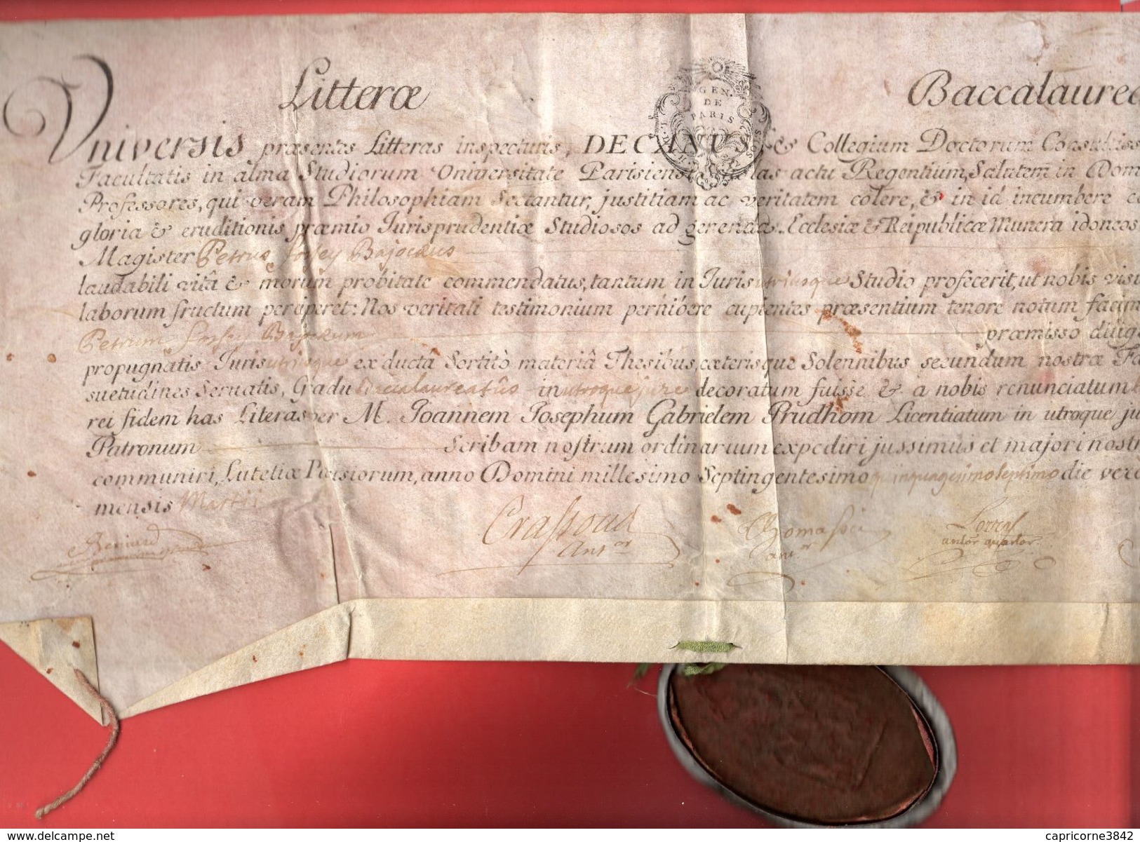 1757 - Exceptionnel:  diplôme bac et licence littéraire écrit en latin+sceau de cire+autorisation  duc de Berry port Fle