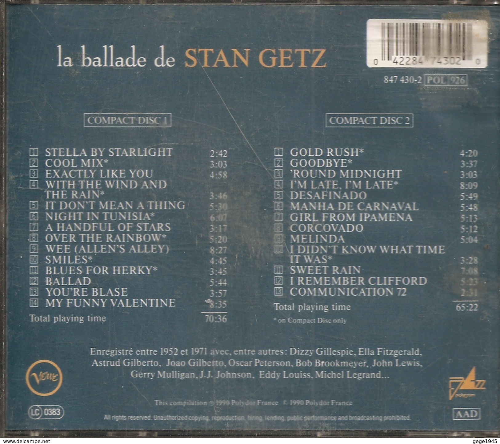 CD     Stan Getz   "  La  Ballade "    De  1990 -    CD  1  Seulement  Avec  14  Titres - Jazz