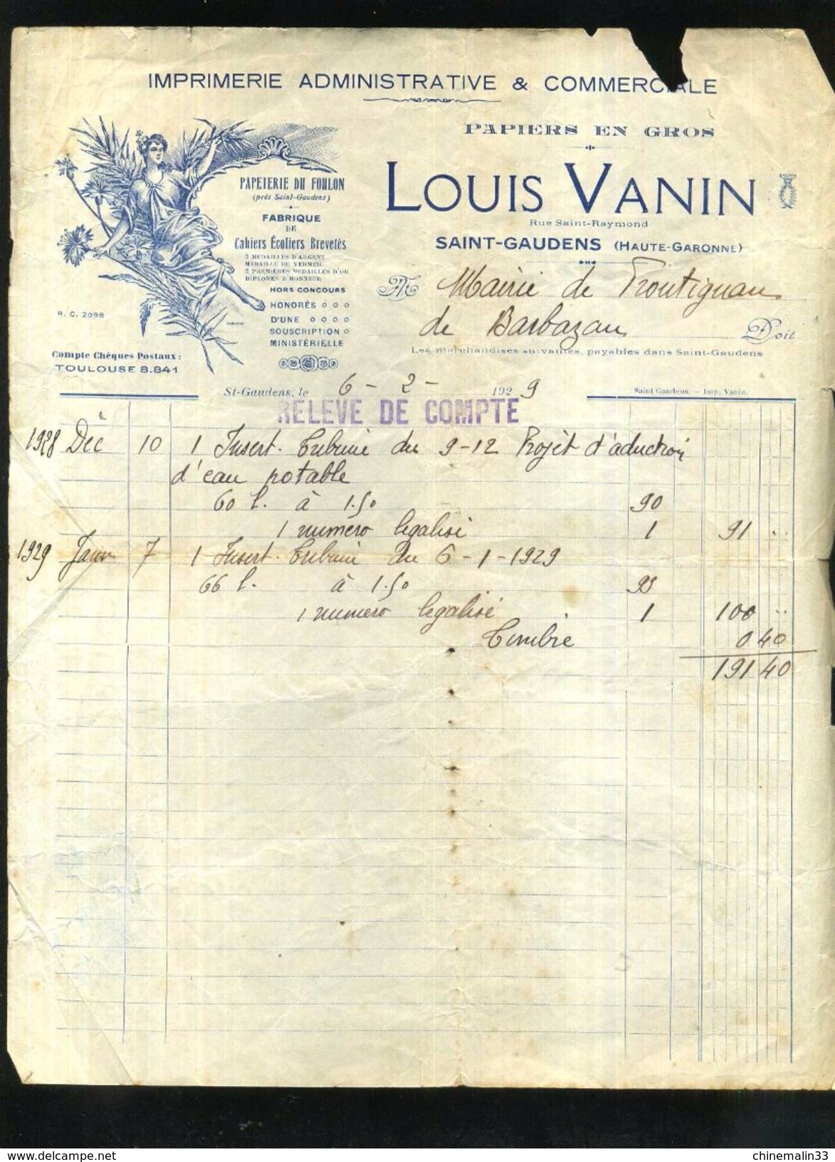 1929 VIEILLE FACTURE DÉCORÉE IMPRIMERIE ADMINISTRATIVE ET COMMERCIALE LOUI VANIN SAINT GAUDENS - 1900 – 1949