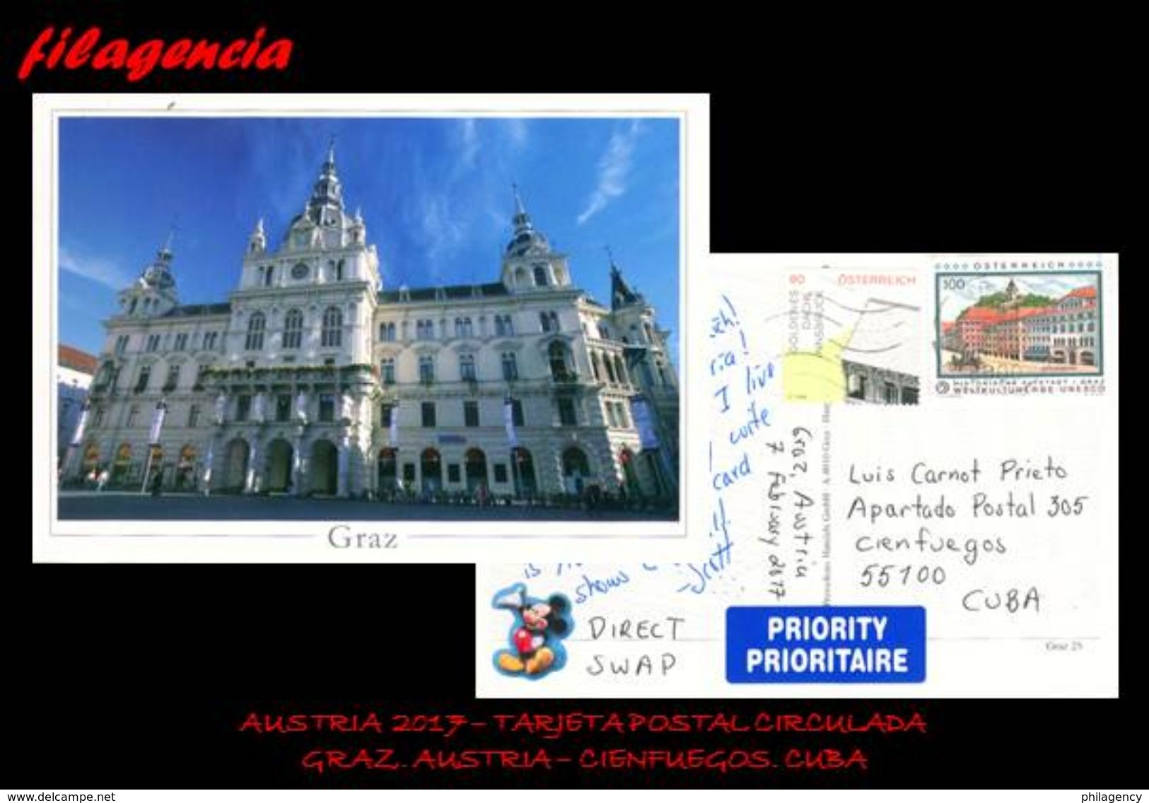 EUROPA. AUSTRIA. ENTEROS POSTALES. TARJETA POSTAL CIRCULADA 2017. GRAZ. AUSTRIA-CIENFUEGOS. CUBA. ARQUITECTURA - Briefe U. Dokumente