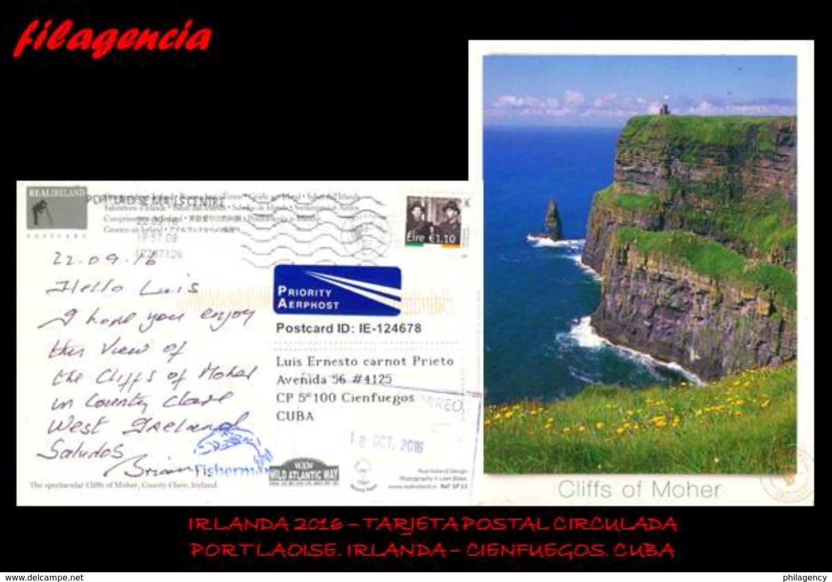 EUROPA. IRLANDA. ENTEROS POSTALES. TARJETA POSTAL CIRCULADA 2016. PORTLAOISE. IRLANDA-CIENFUEGOS. CUBA. PESCA - Storia Postale