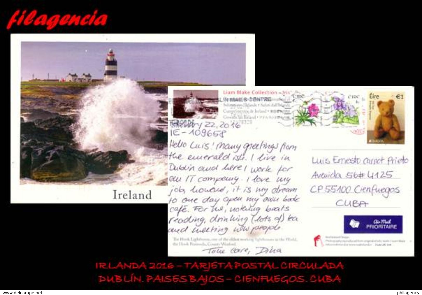 EUROPA. IRLANDA. ENTEROS POSTALES. TARJETA POSTAL CIRCULADA 2016. DUBLÍN. IRLANDA-CIENFUEGOS. CUBA. FLORES. OSOS. FAROS - Brieven En Documenten