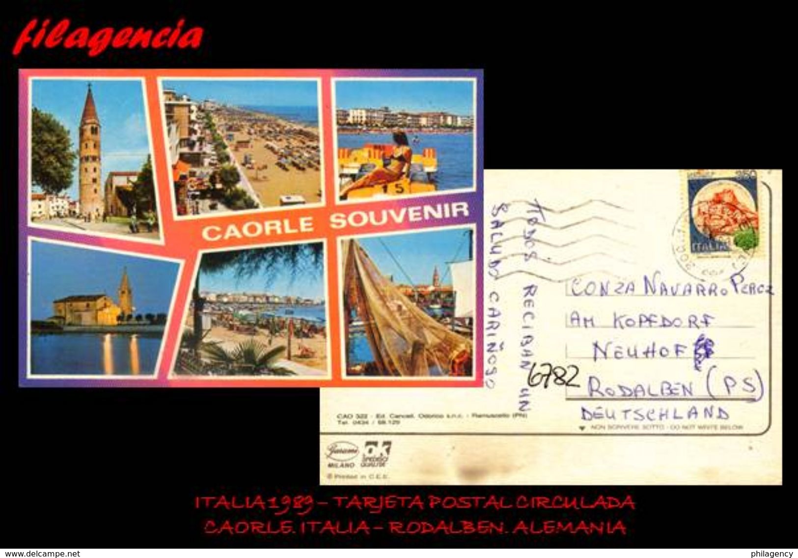 EUROPA. ITALIA. ENTEROS POSTALES. TARJETA POSTAL CIRCULADA 1989. CAORLE. ITALIA-RODALBEN. ALEMANIA. CASTILLOS - Altri & Non Classificati