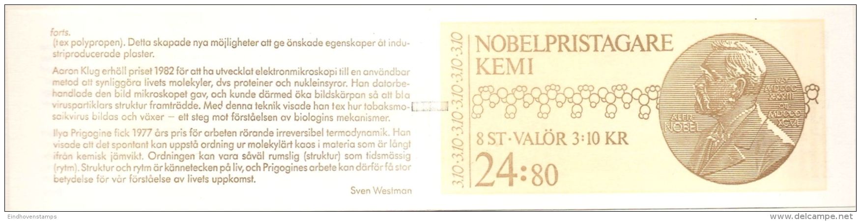 Sweden Sverige 1988 Nobelprice Chemistry Stamp Booklet MNH Libby Ziehgle&amp;Natta Klug Prigogine - Chemie