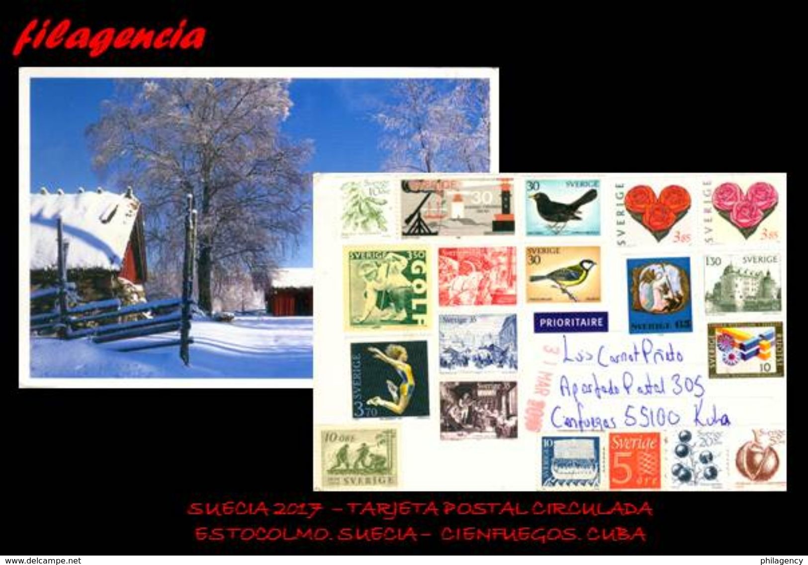 EUROPA. SUECIA. ENTEROS POSTALES. TARJETA POSTAL CIRCULADA 2017. ESTOCOLMO. SUECIA-CIENFUEGOS. CUBA. AVES. FAROS. FLORA - Lettres & Documents