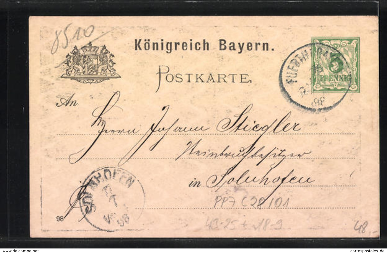 Künstler-AK Ganzsache Bayern PP7C28 /01: Fürth, IX. Sängerbundesfest 1898, Brunnen - Altri & Non Classificati