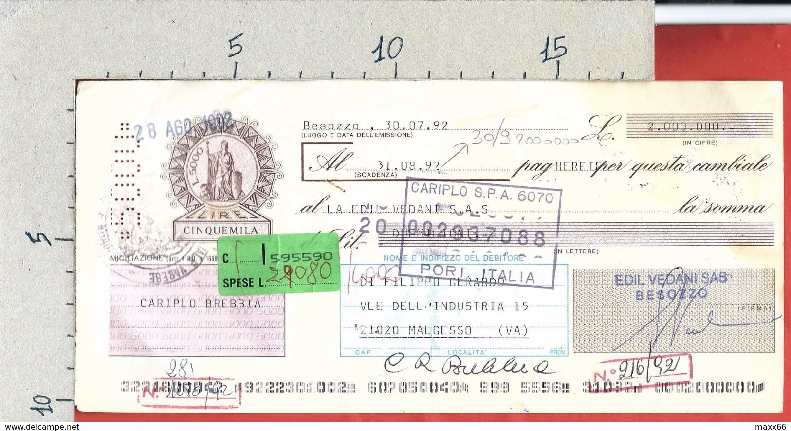 CAMBIALE ITALIA - 1992 - LIRE CINQUEMILA - £ 5.000 - CARIPLO  BREBBIA - Cambiali