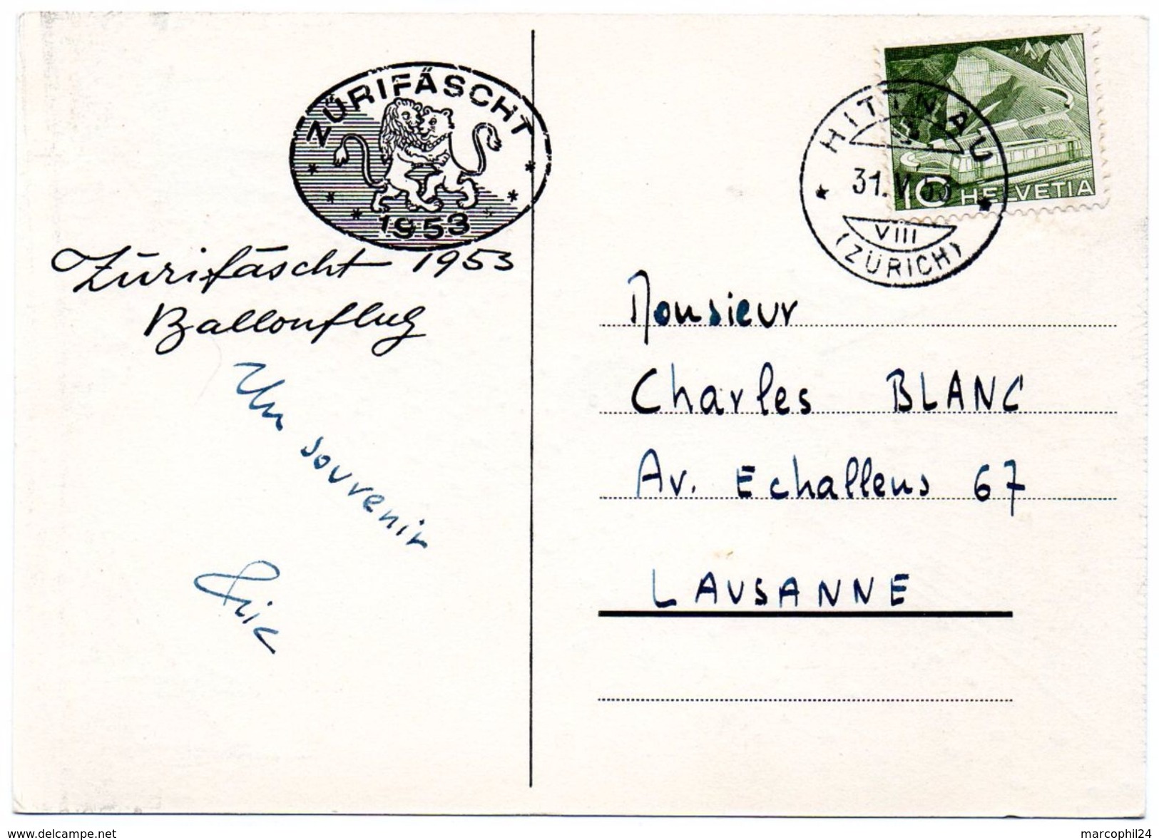 SWITZERLAND - SUISSE / ZURICH 1953 = SONDERSTEMPEL - CACHET Illustré = ZURIFASCHT + N°  483 + HITTNAU - Marcophilie