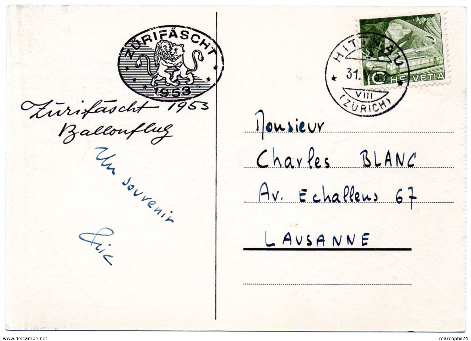 SWITZERLAND - SUISSE / ZURICH 1953 = SONDERSTEMPEL - CACHET Illustré = ZURIFASCHT + N°  483 + HITTNAU - Storia Postale