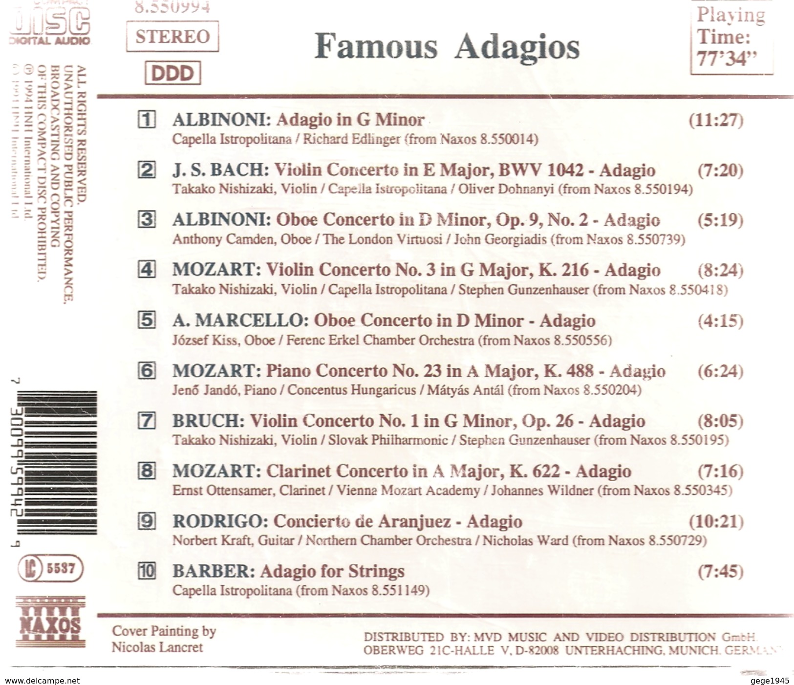 CD      Adagio   "  Famous  Adagios  By  "    :    De  1994   Avec  10  Titres - Klassik