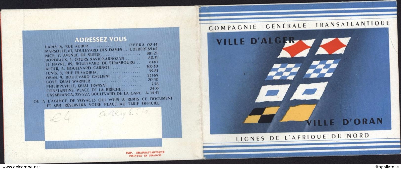 Document Publicitaire Compagnie Générale Transatlantique Sur Lignes D'Afrique Du Nord Bateau Ville D'Alger Et Oran - Advertising