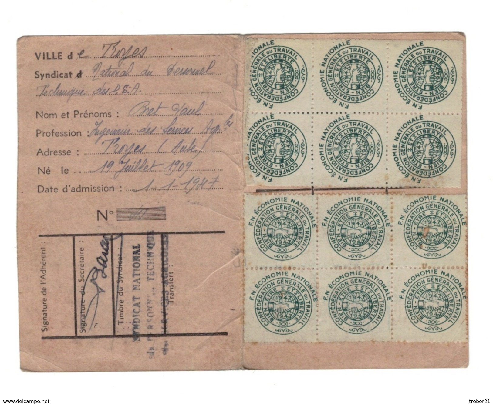 CARTE CONFEDERALE C.G.T.  TROYES - Documents Historiques