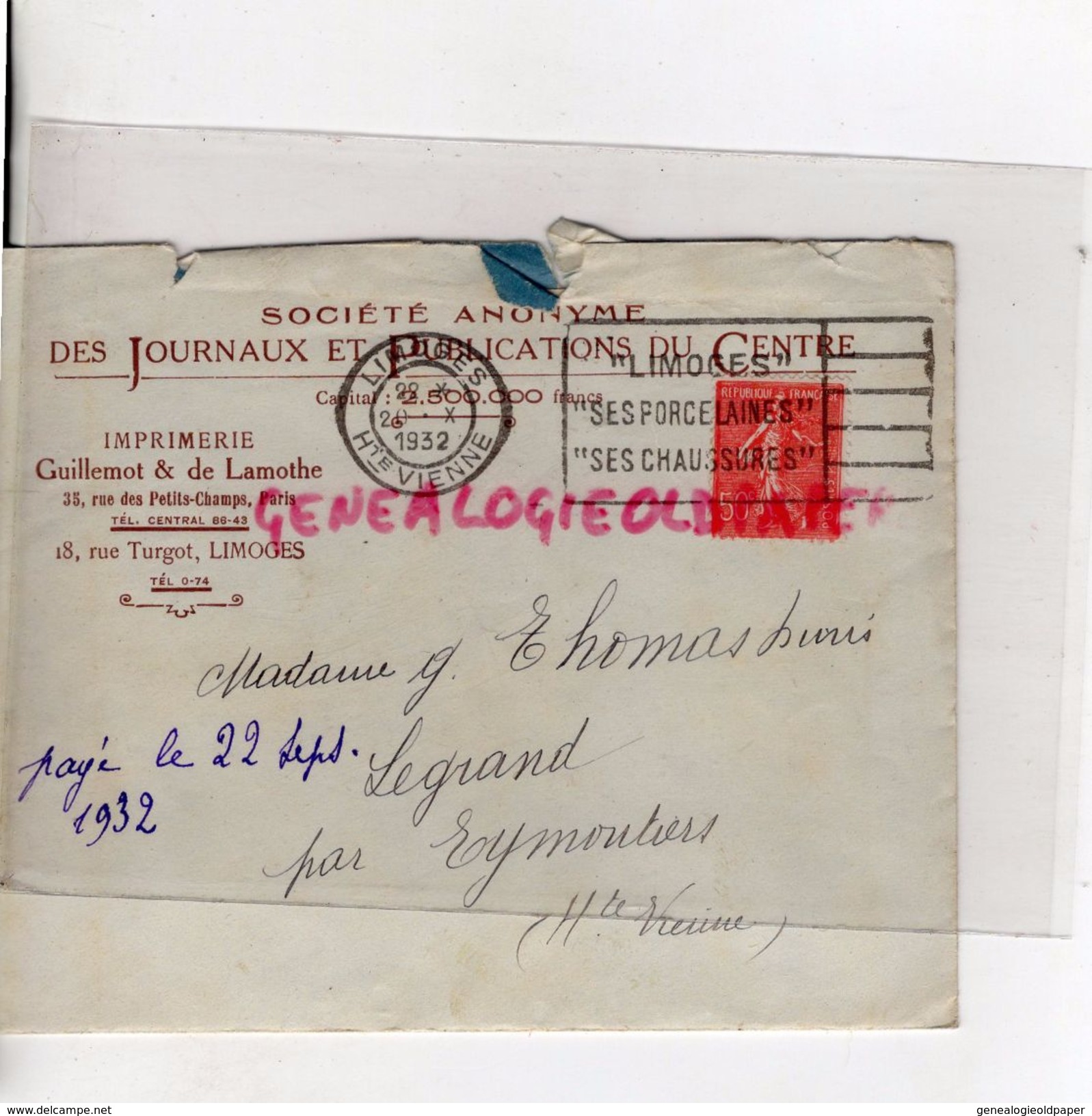 93287-LIMOGES- ENVELOPPE IMPRIMERIE GUILLEMOT & DE LAMOTHE-S.A. JOURNAUX PUBLICATIONS DU CENTRE-18 RUE TURGOT-PARIS - Druck & Papierwaren