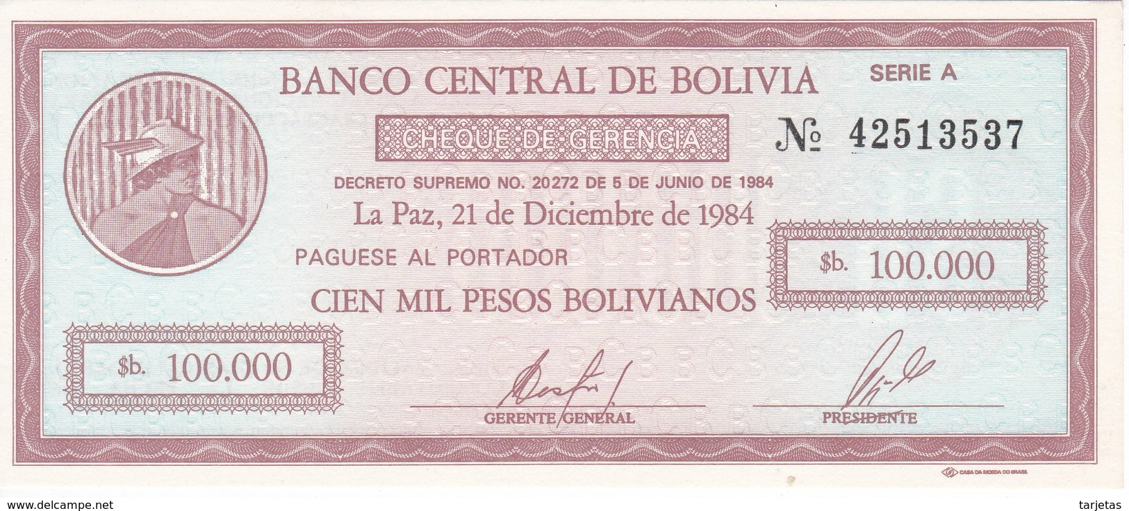 BILLETE DE BOLIVIA DE 100000 PESOS  DEL AÑO 1984   SIN CIRCULAR-UNCIRCULATED - Bolivia