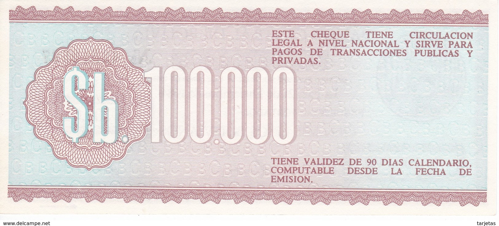 BILLETE DE BOLIVIA DE 100000 PESOS  DEL AÑO 1984   SIN CIRCULAR-UNCIRCULATED - Bolivia