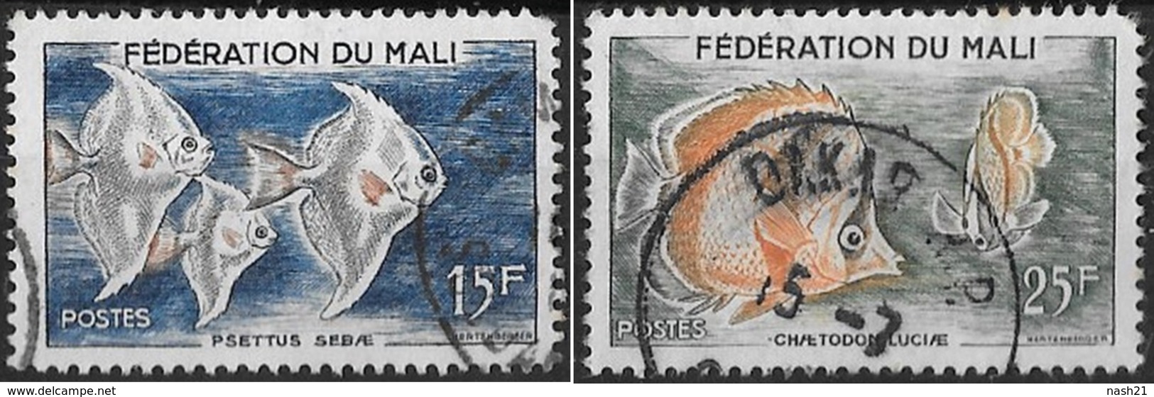 Timbres Du Mali ( Fédération )    '   Yvert  N° 4 & 6 '    15 F. Psettus Sebaoe & 25 F. Chaetodon Luciae - Mali (1959-...)