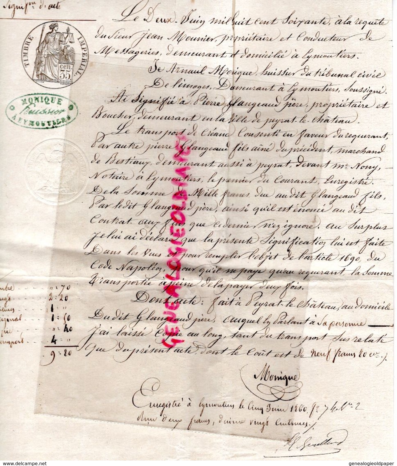 87- EYMOUTIERS-ACTE 1860- MONY NOTAIRE-PIERRE GLANGEAUD BOUCHER PEYRAT CHATEAU-JEAN MOUNIER -TRAMONTEIL-MAGADOUX-JOYON - Documenti Storici