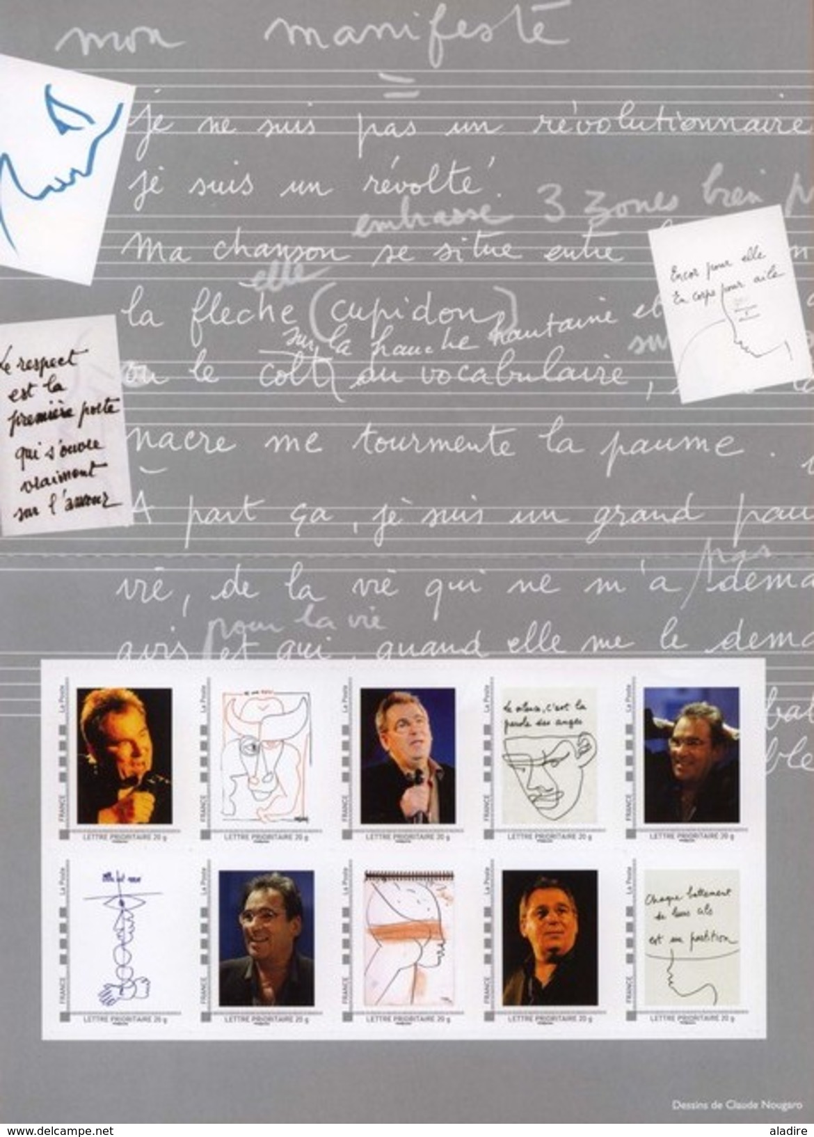 2009 - CLAUDE NOUGARO, Chanteur - Collector - Série 10 TP Lettre 20 G Prioritaire - Valeur Faciale €  12,80 -prix € 6,40 - Collectors